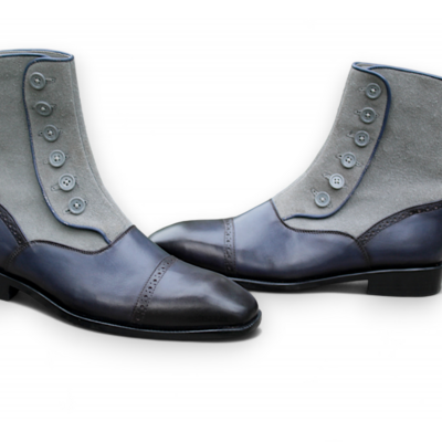 Crafted leather classic mens blue leather gray suede button ankle high dress style men's long boot