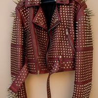 Crafted Leather New Classic Awesome Handmade Women's Oxblood Color Studded Brando Metal Spiked Leather Round Studs Jacket - Thumbnail 1