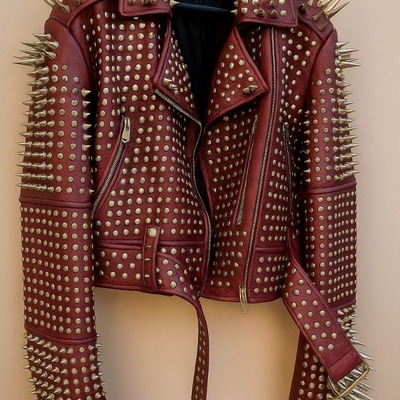 Crafted leather new classic awesome handmade women's oxblood color studded brando metal spiked leather round studs jacket