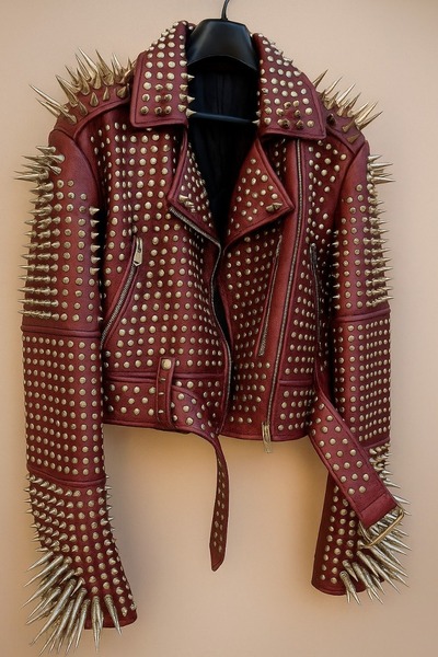 Crafted Leather New Classic Awesome Handmade Women's Oxblood Color Studded Brando Metal Spiked Leather Round Studs Jacket