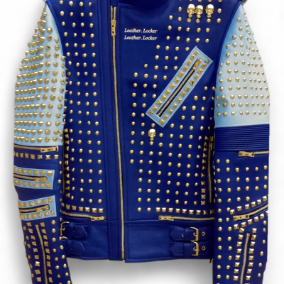 Crafted leather classic blue white handmade men's fashion biker studded leather jacket