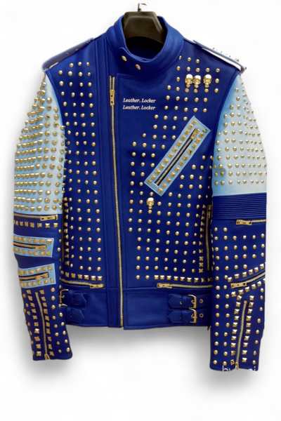 Crafted Leather Classic Blue White Handmade Men's Fashion Biker Studded Leather Jacket