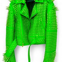 Crafted Leather New Classic Awesome Handmade Women's Electric Green Color Studded Brando Metal Spiked Leather Round Studs Jacket - Thumbnail 1
