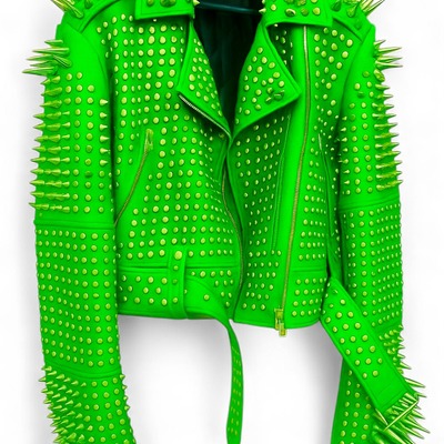 Crafted leather new classic awesome handmade women's electric green color studded brando metal spiked leather round studs jacket