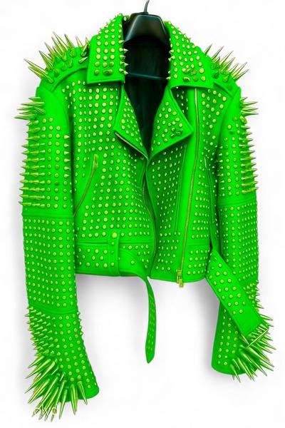 Crafted Leather New Classic Awesome Handmade Women's Electric Green Color Studded Brando Metal Spiked Leather Round Studs Jacket