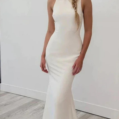 Sheath bateau-neck sleeveless v back mermaid wedding dress