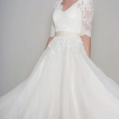 Simple half sleeve ankle length short wedding dresses with applique