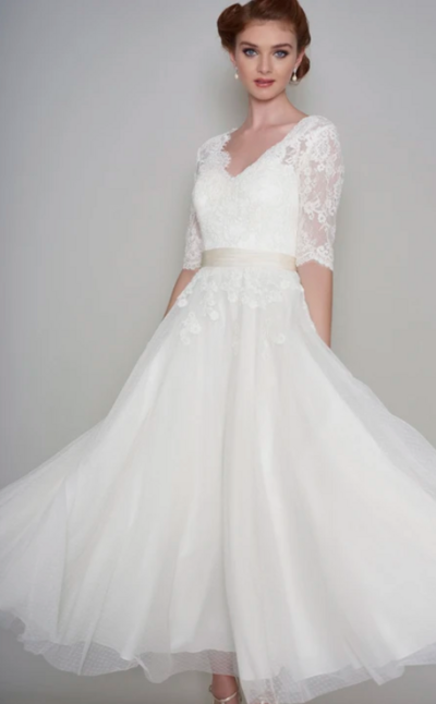 Simple Half Sleeve Ankle Length Short Wedding Dresses with applique