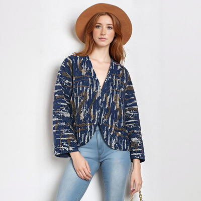 Versatile beaded denim-effect padded kimono jacket