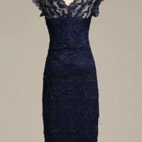 Sheath V Neck Cap Sleeve Navy Blue Lace Midi Mother Dress With V Back - Thumbnail 1