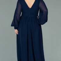 Simple Chiffon V-neck Long Sleeve Front Split Pleated Plus Size Mother Of Bridal Dress Evening Dress - Thumbnail 1