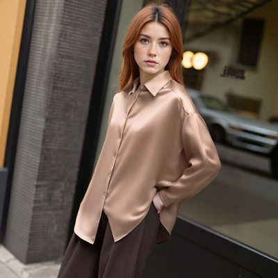 Fashionable and casual loose satin textured dropped shoulder shirt