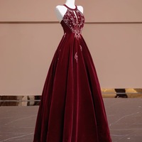 Sexy Halter Velvet Beading Long Prom Dress ,Off the shoulder Evening Dress,Floor Length Prom Dress  - Thumbnail 4