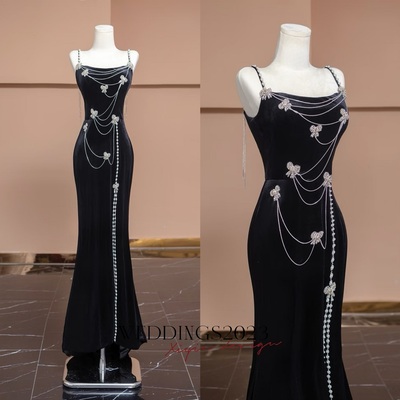 Dark blue spaghetti strap mermaid with beading prom dresses  - Thumbnail 4