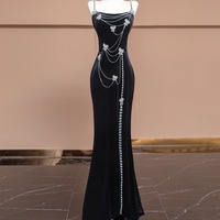 Dark Blue Spaghetti Strap Mermaid with Beading Prom Dresses  - Thumbnail 2