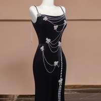 Dark Blue Spaghetti Strap Mermaid with Beading Prom Dresses  - Thumbnail 3