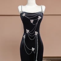 Dark Blue Spaghetti Strap Mermaid with Beading Prom Dresses  - Thumbnail 5