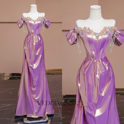 Gorgeous Purple Sequined Prom Dress with Applique  Beading Cap Sleeves A-Line Evening Dresses 