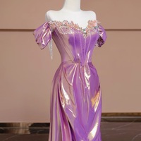 Gorgeous Purple Sequined Prom Dress with Applique  Beading Cap Sleeves A-Line Evening Dresses  - Thumbnail 3