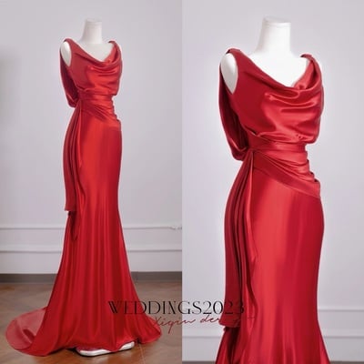 Sexy red satin sheath floor length off the shoulder backless prom dress - Thumbnail 4