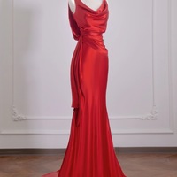 Sexy Red Satin Sheath Floor Length Off the Shoulder Backless Prom Dress - Thumbnail 1