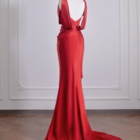 Sexy Red Satin Sheath Floor Length Off the Shoulder Backless Prom Dress - Thumbnail 3