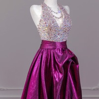 Dark V Neck Top Tulle Beaded Sheath Purple Evening Dresses  - Thumbnail 2
