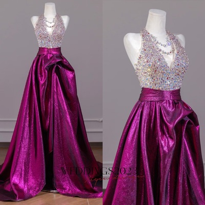 Dark v neck top tulle beaded sheath purple evening dresses 