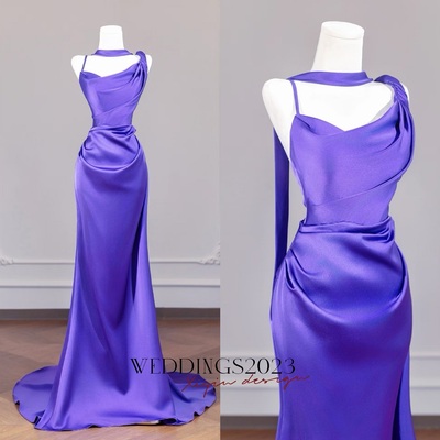 Elegant purple satin strapless backless back prom dress