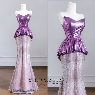 Sexy strapless purple satin /lace mermaid prom dress 
