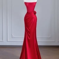Elegant Strapless Red Satin Mermaid Prom Dress Suitable for A Variety of Formal Occasions - Thumbnail 3
