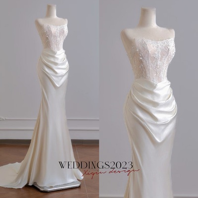 Ivory strapless lace mermaid satin wedding dress
