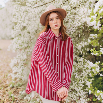 Fashionable and casual loose lapel striped poplin shirt