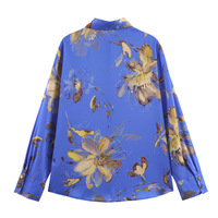 Fashionable and casual loose floral print silk satin shirt - Thumbnail 2
