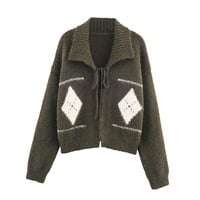 Women's fashion casual loose versatile jacquard tie knitted cardigan - Thumbnail 1