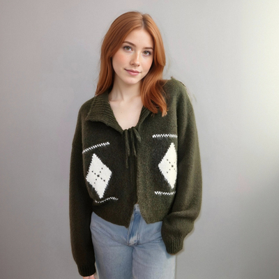 Women's fashion casual loose versatile jacquard tie knitted cardigan