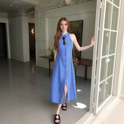 Striped lapel single-breasted sleeveless tie-down maxi dress