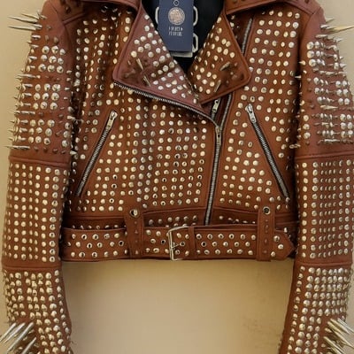 Crafted leather classy women dark brown leather studded jacket with silver studs and spikes