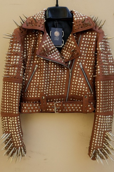Crafted Leather Classy Women Dark Brown Leather Studded Jacket with Silver Studs and Spikes