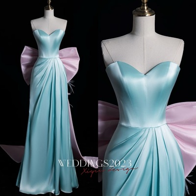 Lovely sweetheart neckline strapless light blue satin with detachable bow prom dresses  - Thumbnail 4