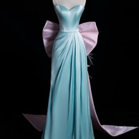 Lovely Sweetheart Neckline Strapless Light Blue Satin with Detachable Bow Prom Dresses  - Thumbnail 1