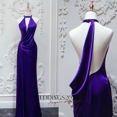 Fashionable purple deep v-neck sheath backless back prom dress