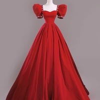 Red Short Sleeves Sweetheart Neck A-line Floor Length with Beading Ball Gown  - Thumbnail 2