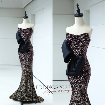 Lovely strapless sequined mermaid sheath floor length black bow prom dresses