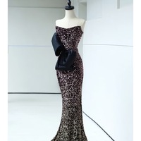 Lovely Strapless Sequined Mermaid Sheath Floor Length Black Bow Prom Dresses - Thumbnail 2