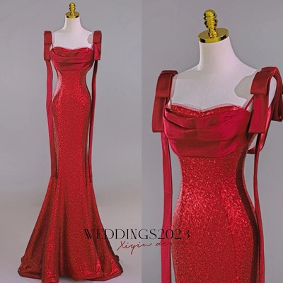 Lovely sequined mermaid sheath floor length red bow prom dresses  - Thumbnail 3