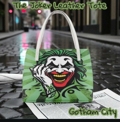 Joker Grinning Madness Green Comic Art Leather Tote Bag | Free Ship