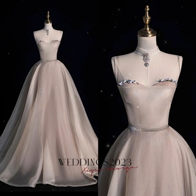 Light champange organza strapless sweetheart neck with belt prom dress