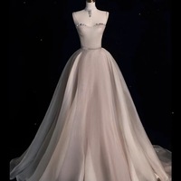 Light Champange Organza Strapless Sweetheart Neck with Belt Prom Dress - Thumbnail 2