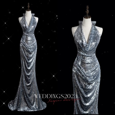 Deep v neck sliver sheath floor length backless zipper back with train prom dresses